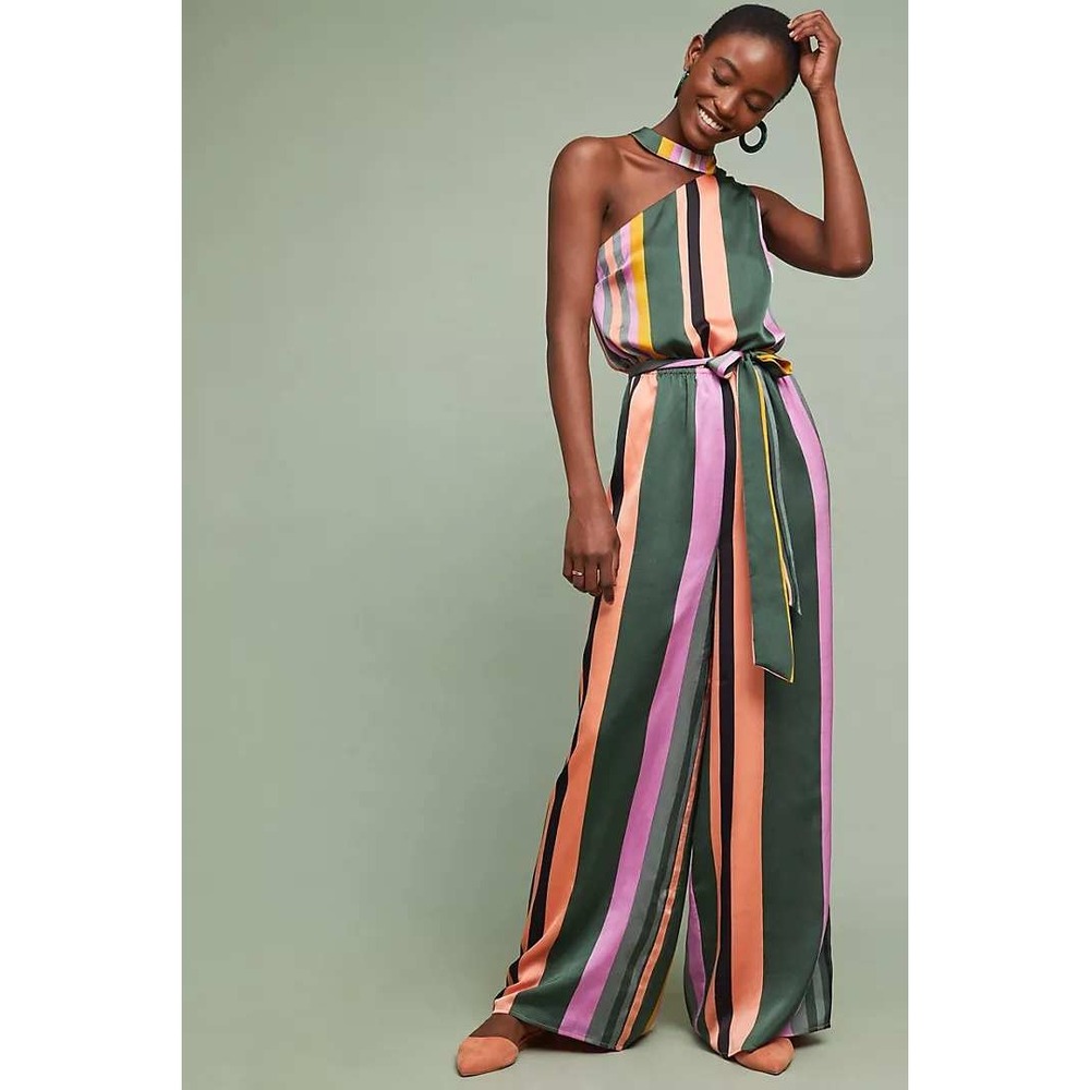 NWT Anthropologie Lost + Wander Pandora Striped Jumpsuit One Shoulder Wide Leg